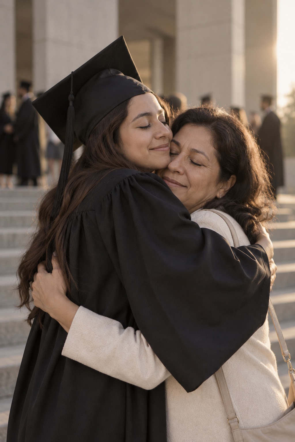 Una graduada abraza a su madre en la escalinata, al terminar la ceremonia