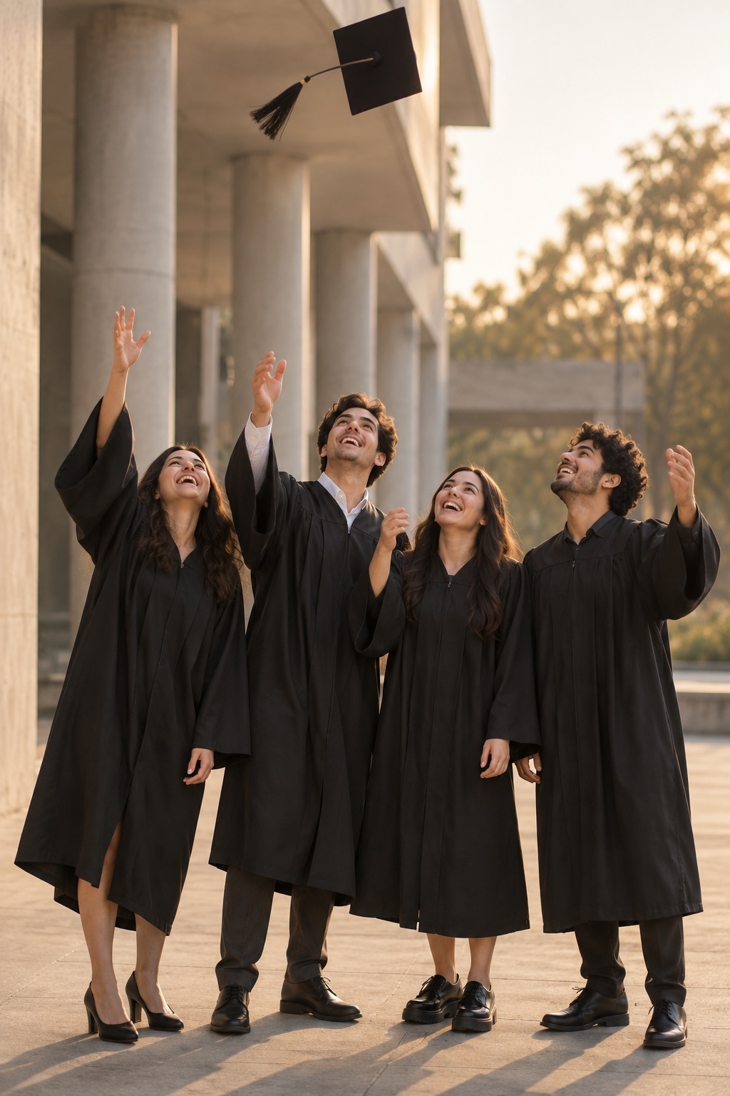 Cuatro estudiantes con toga celebran su graduación lanzando el birrete