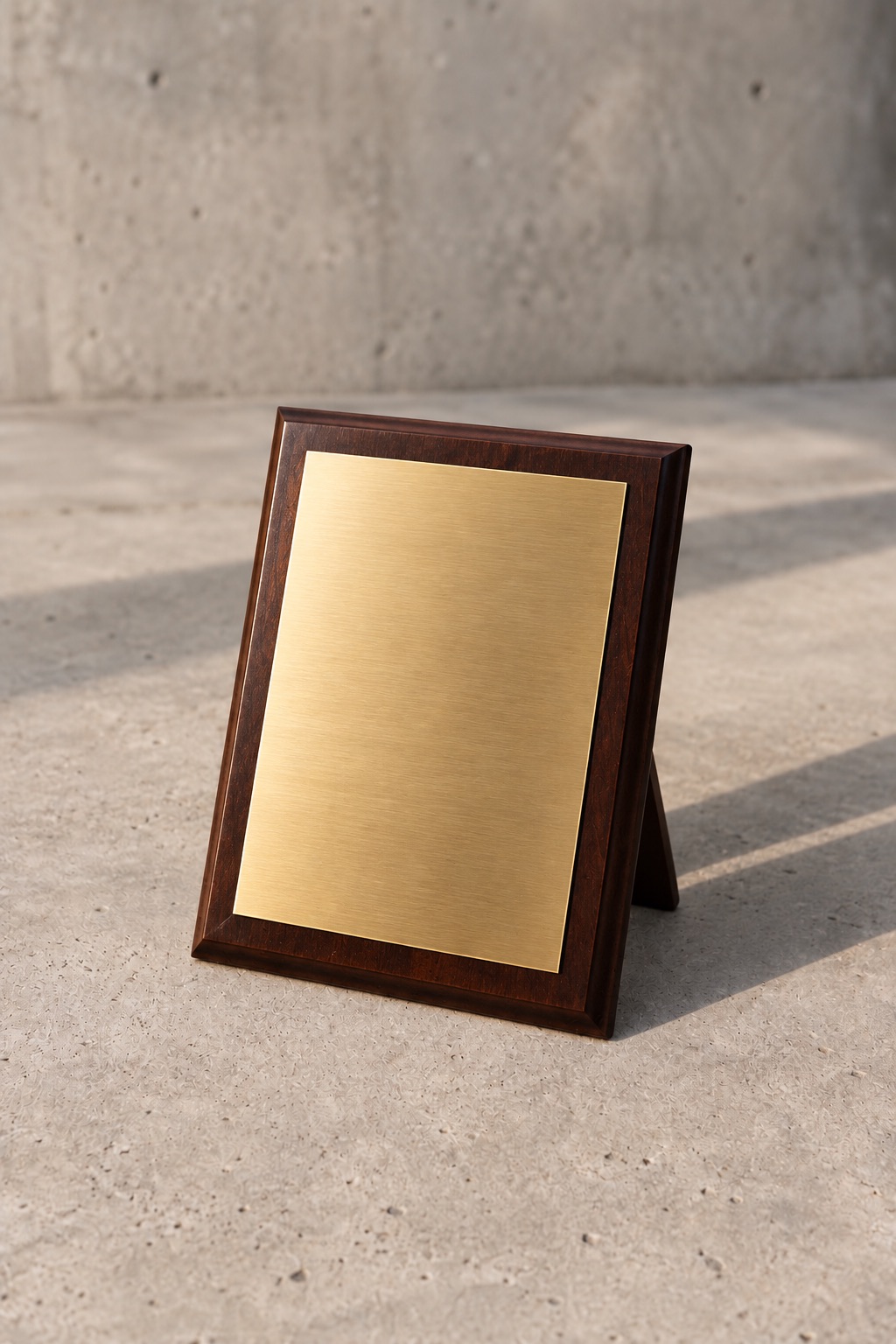 Placa conmemorativa de madera oscura con lámina dorada, apoyada sobre hormigón